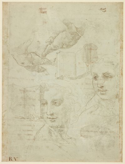 Recto: Twee hoofden en andere studies. Verso: Ruwe schets van het sonnet "Come non podde dir" door Raffaello Sanzio Raphael